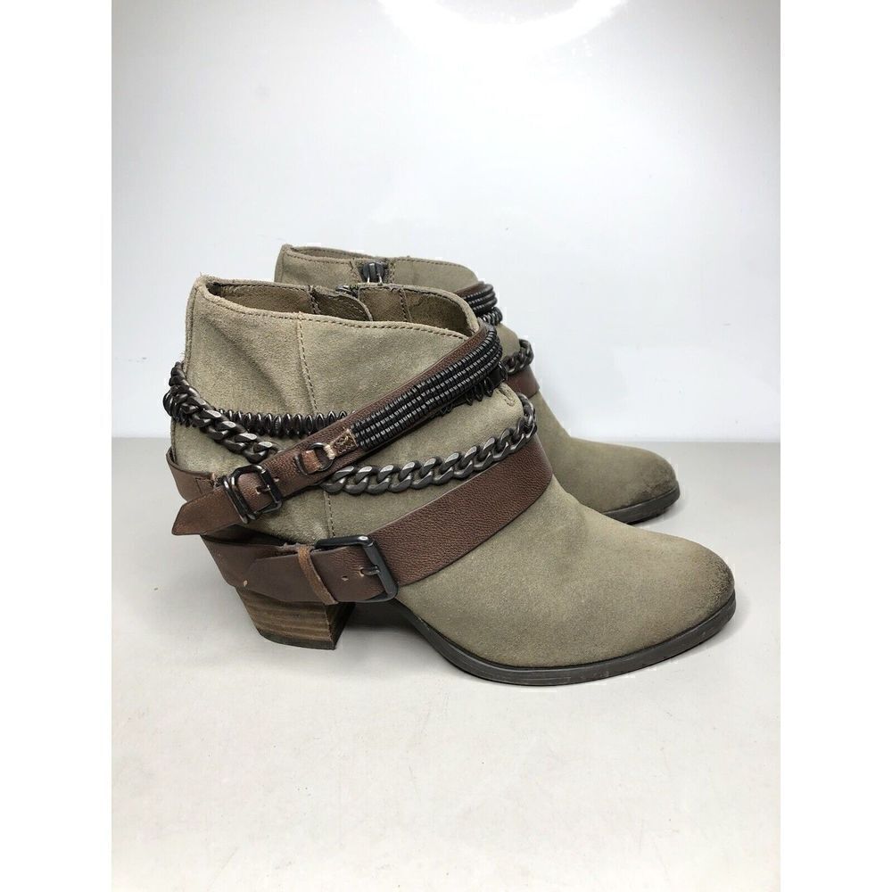 Trouve Bristol Olive Green Suede Brown Leather Strap Heel Booties Women sz 7.5M